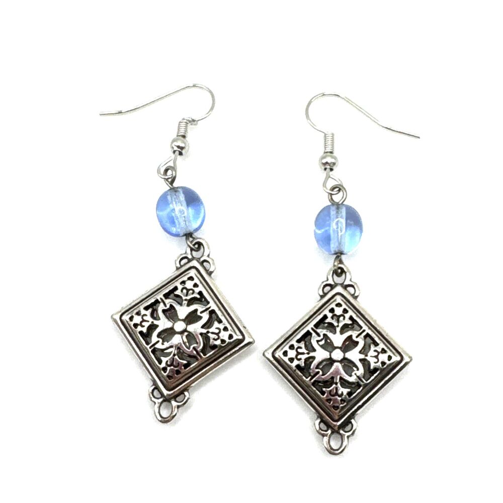 Brighton Gaudi Blue Crystal Beads Ornate Squares Custom Silver Earrings